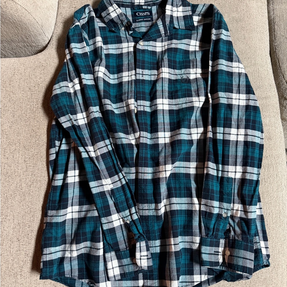 Chaps Men's Teal and White Plaid Button Down Shirt